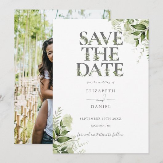 Greenery Floral Typografy Foto Wedding Save The Date (Vorne/Hinten)