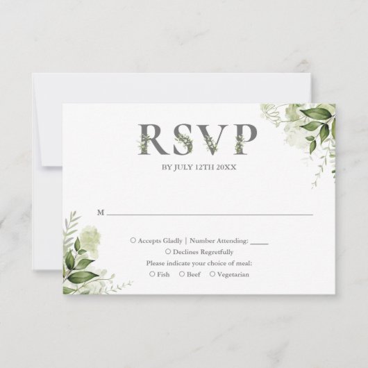 Greenery Floral Typografy Wedding RSVP Karte (Vorderseite)