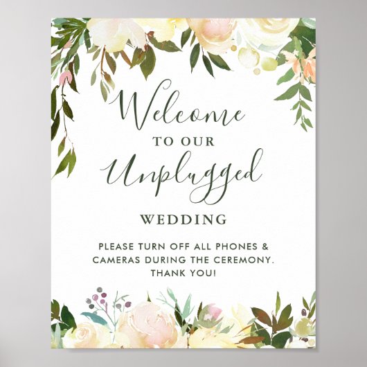 Greenery Floral Unplugged Wedding Ceremony Sign Poster (Vorne)