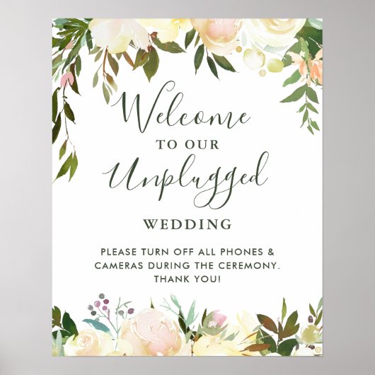 Greenery Floral Unplugged Wedding Ceremony Sign Poster (Vorne)