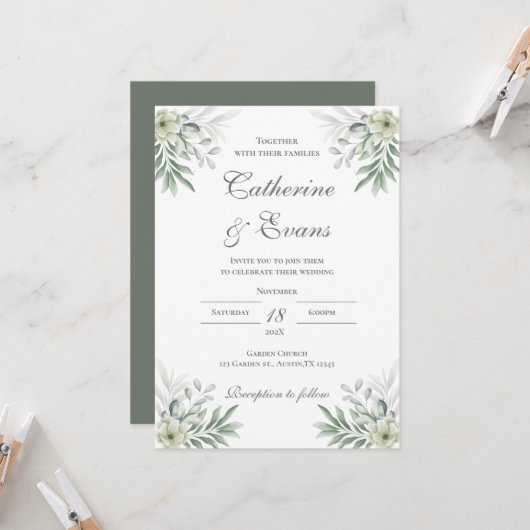 Greenery FLoral Wedding Einladung (Vorderseite/Rückseite Beispiel)