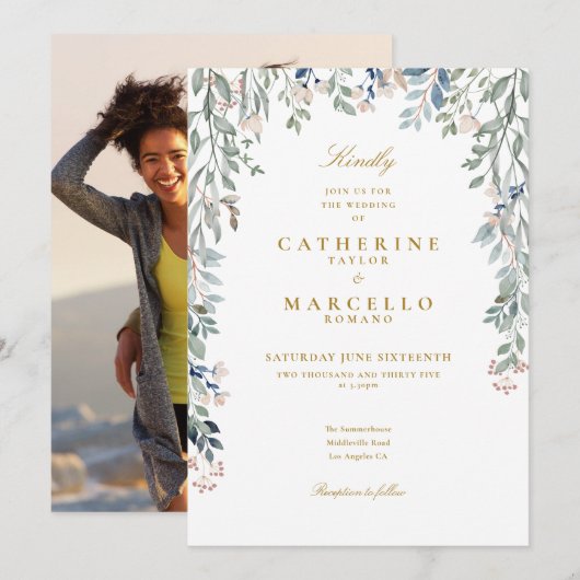 Greenery Floral Wildblumen Foto Wedding Einladung (Vorne/Hinten)