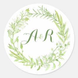 Greenery Floral Wreath Monogram Wedding Runder Aufkleber
