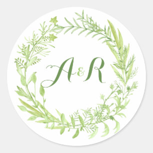 Greenery Floral Wreath Monogram Wedding Runder Aufkleber