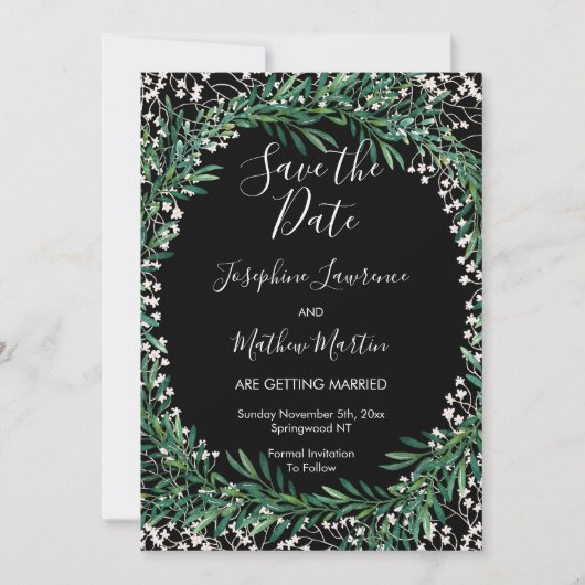 Greenery & Florets Black Save the Date Einladung (Vorderseite)