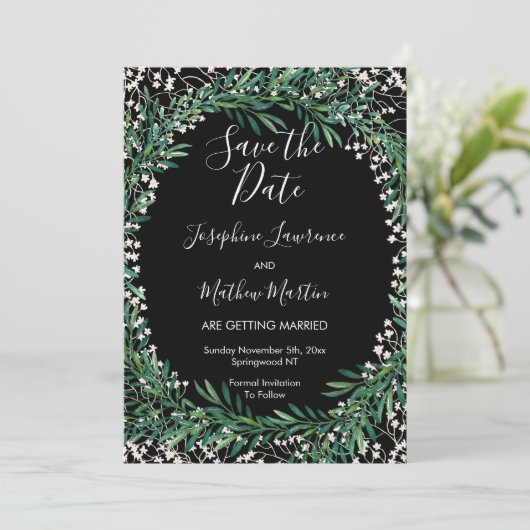 Greenery & Florets Black Save the Date Einladung (Stehend Vorderseite)
