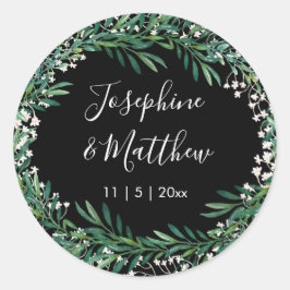 Greenery & Florets Black Wedding Runder Aufkleber