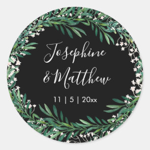 Greenery & Florets Black Wedding Runder Aufkleber