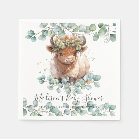 Greenery Fluffy Highland Cow Baby Shower Geburtsta Serviette (Vorderseite)