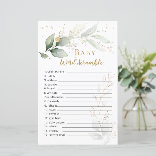 Greenery Foliage Baby Word Scramble Paper Sheet (Stehend Vorderseite)