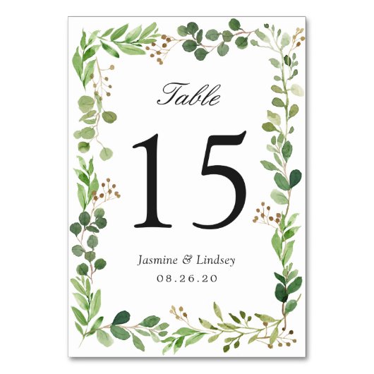 Greenery Foliage Blätter Border Frame Wedding Tischnummer (Vorderseite)