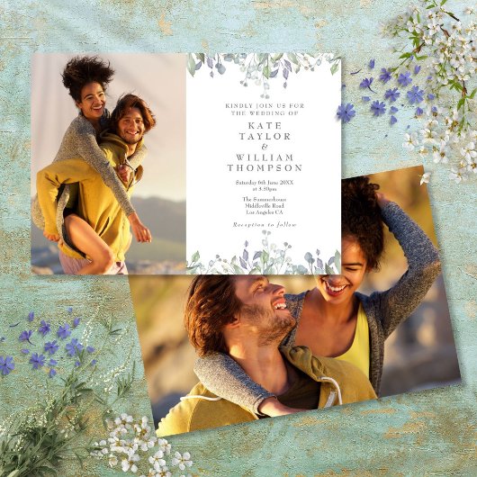 Greenery Foliage Bloral Sage Lilac 2 Foto Wedding Einladung