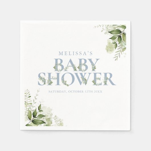 Greenery Foliage Boy Dusty Blue Baby Dusche Serviette (Vorderseite)