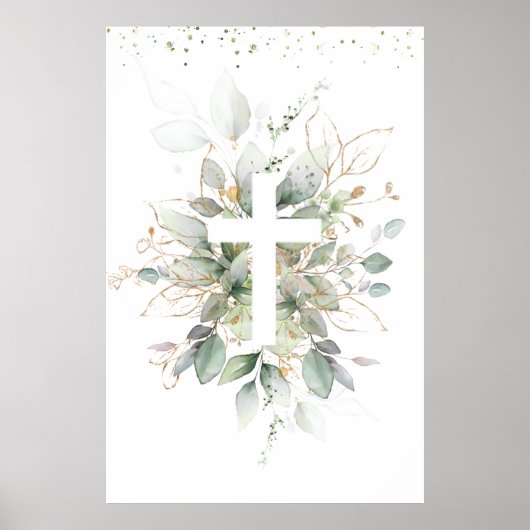 Greenery Foliage Cross Baby Baptism  Poster (Vorne)
