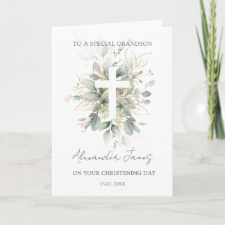 Greenery Foliage Cross Christening  Karte