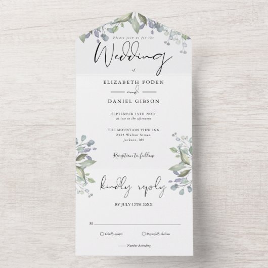 Greenery Foliage Elegante Script Wedding All In One Einladung (Innen Boden)