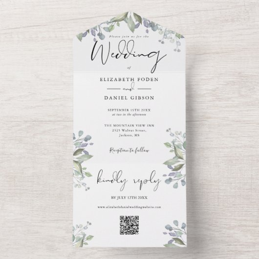 Greenery Foliage Elegantes Skript QR Code Wedding All In One Einladung (Innen Boden)