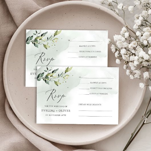 Greenery foliage eucalyptus leaves boho wedding RSVP karte
