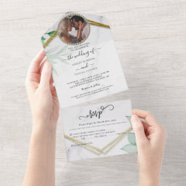 Greenery Foliage Glitzer Gold Wedding All In One Einladung