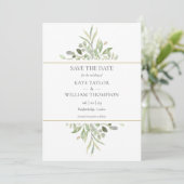 Greenery Foliage Gold Geometric Foto Wedding Save The Date (Stehend Vorderseite)