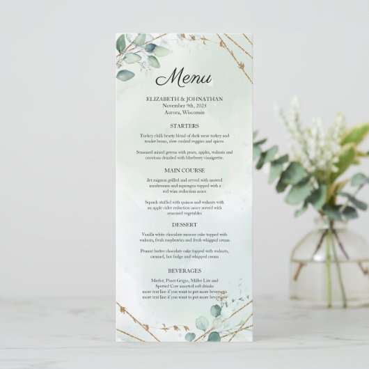 Greenery Foliage Gold Geometric Frame Wedding Menükarte (Stehend Vorderseite)