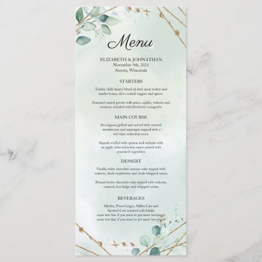Greenery Foliage Gold Geometric Frame Wedding Menükarte (Vorderseite)