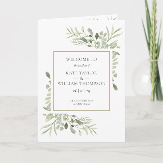 Greenery Foliage Gold Geometric Wedding Programm (Vorderseite)