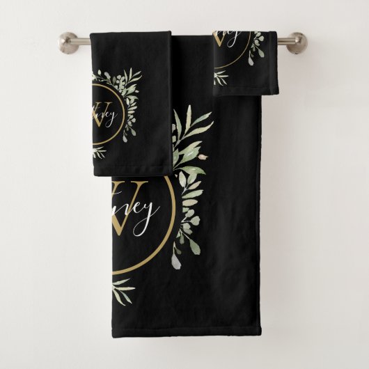Greenery Foliage Gold Monogram Chic Script Black Badhandtuch Set (Insitu)
