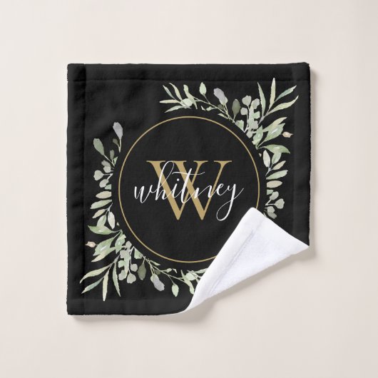 Greenery Foliage Gold Monogram Chic Script Black Badhandtuch Set (Waschlappen)