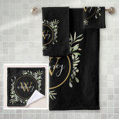 Greenery Foliage Gold Monogram Chic Script Black Badhandtuch Set