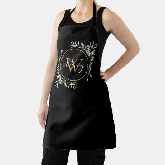 Greenery Foliage Gold Monogram Chic Script Black Schürze (InSitu)