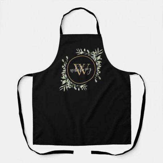Greenery Foliage Gold Monogram Chic Script Black Schürze (Vorderseite)