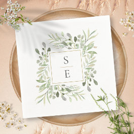 Greenery Foliage Gold Monogram Wedding Napkins Serviette