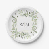 Greenery Foliage Gold Monogram Wedding Paper Plate Pappteller (Vorderseite)