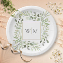 Greenery Foliage Gold Monogram Wedding Paper Plate
