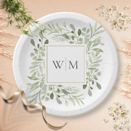 Greenery Foliage Gold Monogram Wedding Paper Plate Pappteller