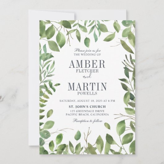 Greenery Foliage Leafy Wedding Einladung (Vorderseite)
