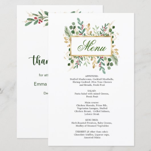 Greenery Foliage Red Berry Wedding Weihnachtsmenü (Vorne/Hinten)