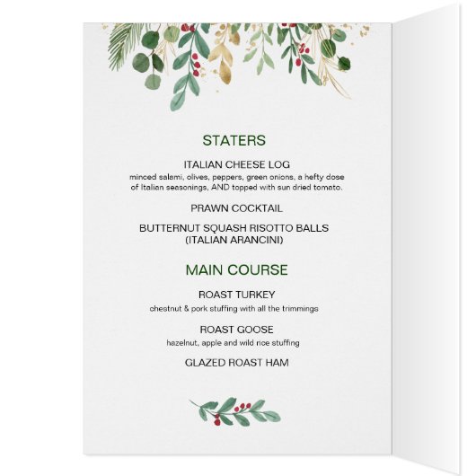 Greenery Foliage Red Berry Wedding Weihnachtsmenü (Innen (Links))