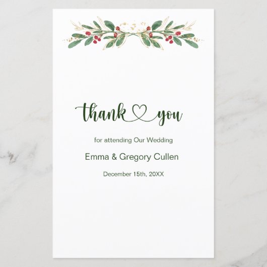 Greenery Foliage Red Berry Wedding Weihnachtsmenü (Rückseite)