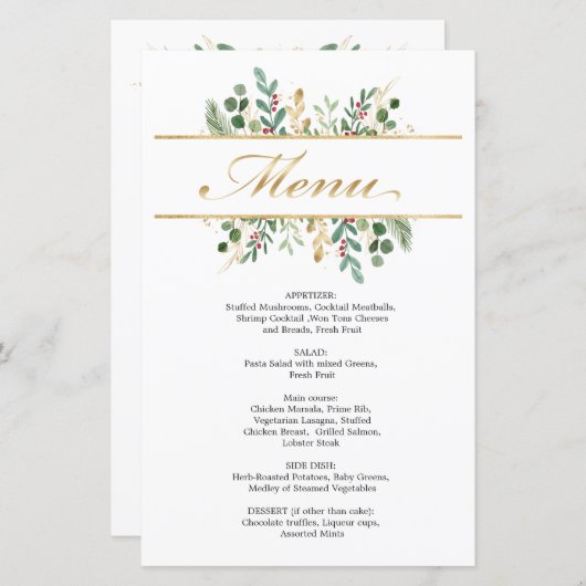 Greenery Foliage Red Berry Wedding Weihnachtsmenü (Vorne/Hinten)