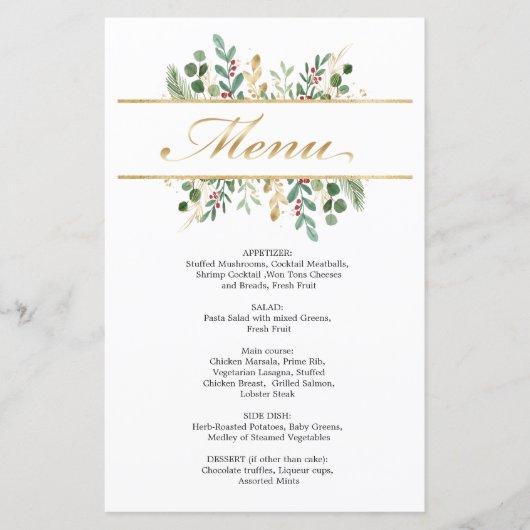 Greenery Foliage Red Berry Wedding Weihnachtsmenü (Vorderseite)