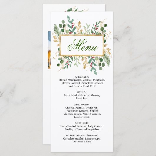 Greenery Foliage Red Berry Wedding Weihnachtsmenü Menükarte (Vorne/Hinten)