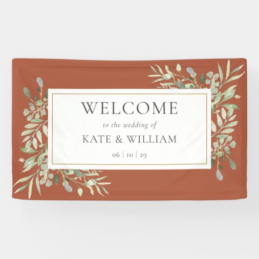 Greenery Foliage Terracotta Wedding Willkommen Banner (Horizontal)