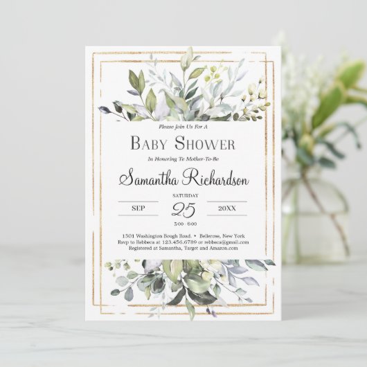 Greenery Foliage und GOld Geometric Boho Baby Einladung (Stehend Vorderseite)