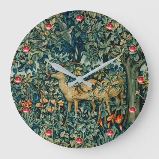 GREENERY,FOREST ANIMALS, DOES ,BIRDS Floral  Große Wanduhr (Vorderseite)