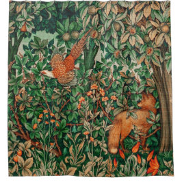 GREENERY,FOREST ANIMALS Pheasant ,Fox,Green Floral Duschvorhang