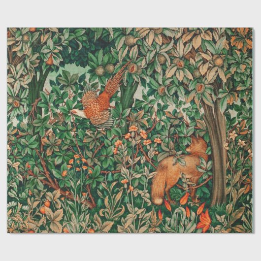 GREENERY,FOREST ANIMALS Pheasant ,Fox,Green Floral Geschenkpapier (Flach)