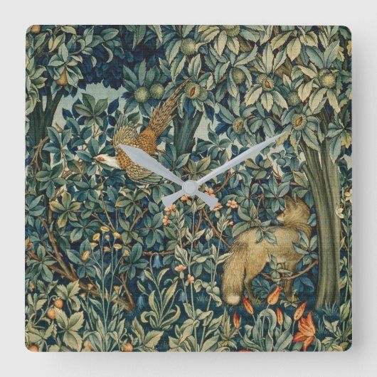 GREENERY,FOREST ANIMALS Pheasant ,Fox,Green Floral Quadratische Wanduhr (Vorderseite)