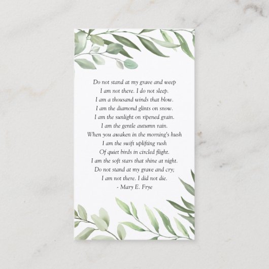 Greenery Foto Begräbniskarten Visitenkarte (Rückseite)